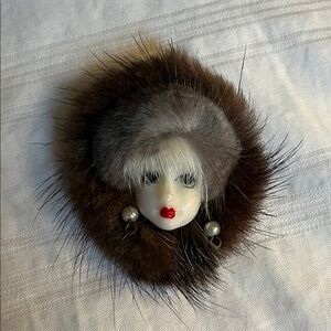 Vintage REAL FUR Brooch with Porcelain Doll Face